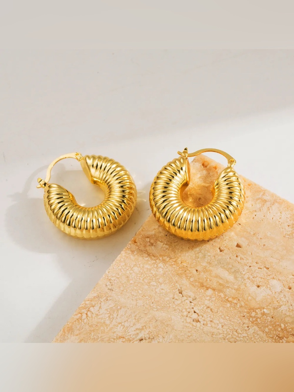 Textured Gold Ribbed Hoop Earrings for Women